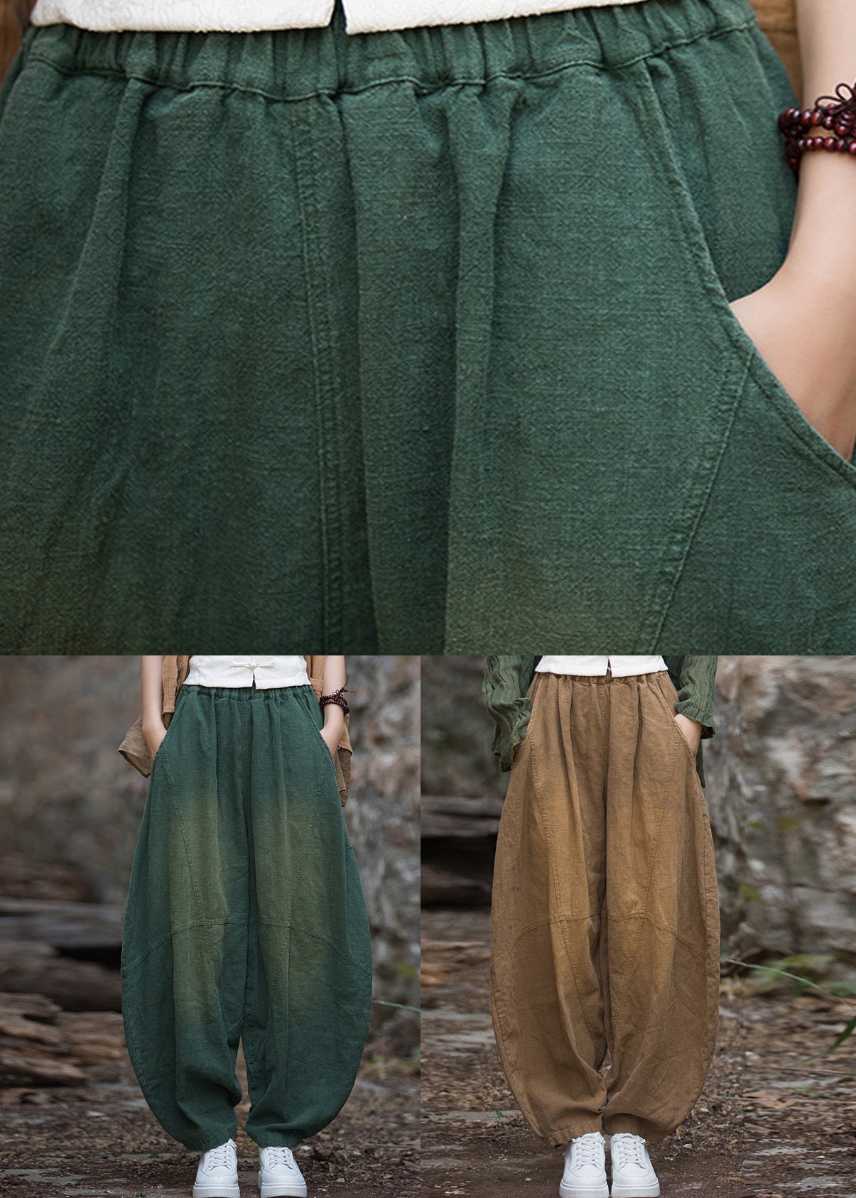 New Green Pockets Patchwork Linen Lantern Pants Fall