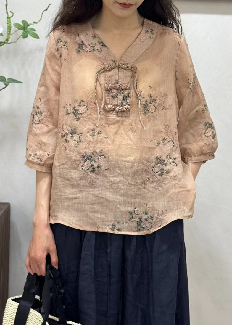 Pink Chinese Button Print Linen Shirt Half Sleeve
