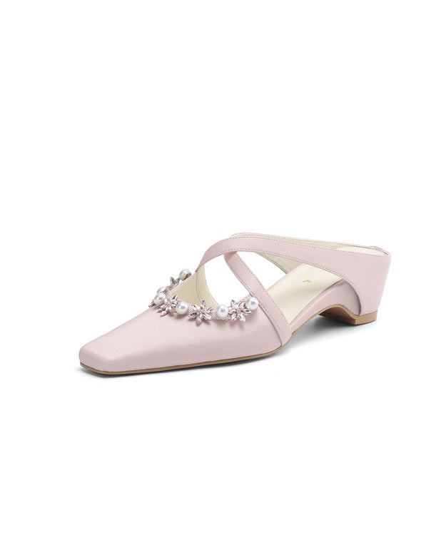Beige Wedge Sheepskin Splicing Slide Sandals Zircon Nail Bead