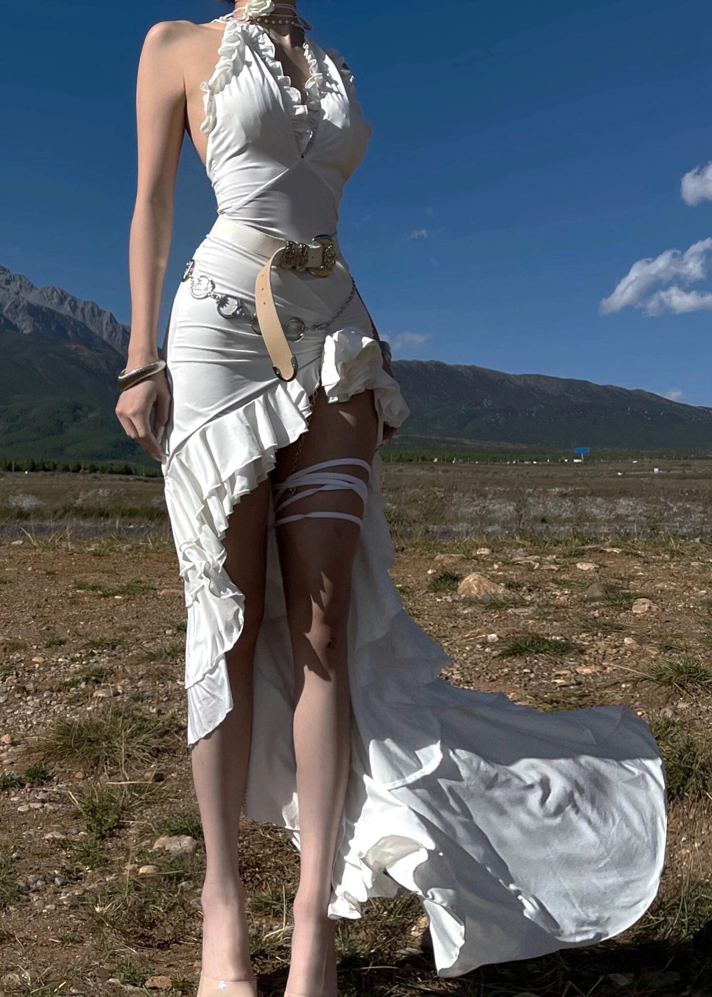 Slim Fit White Ruffled Lace Up Low High Design Cotton Dress Sleeveless Summer