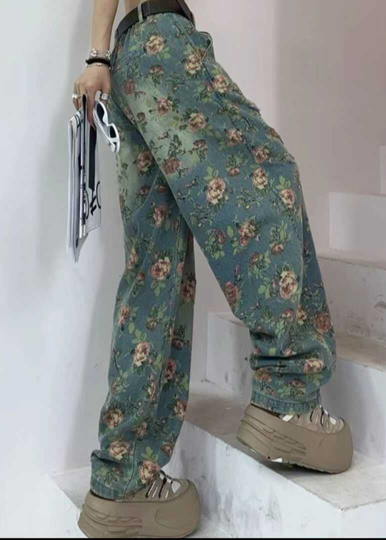 Tea Green Oversized Print Denim Pants Fall