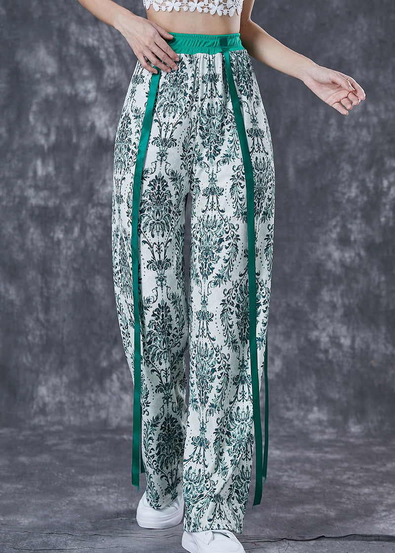Green Print Ribbon Cotton Straight Pants Fall