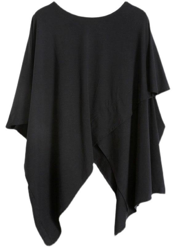 Black Cotton O Neck Asymmetric Tee