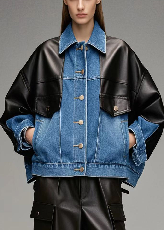 Denim Blue Oversized Patchwork Faux Leather Jackets Fall