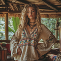 Comstylish Retro Boho Tribal Embroidery Print Cotton And Linen Blend Loose Blouse