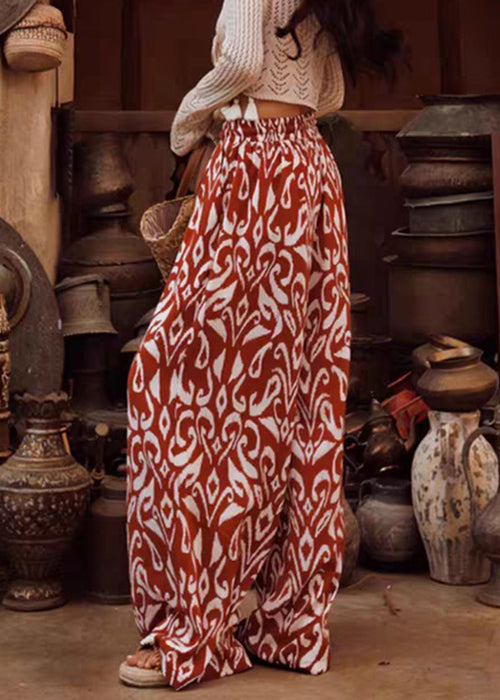 Red Print Elastic Waist Silk Pants Summer