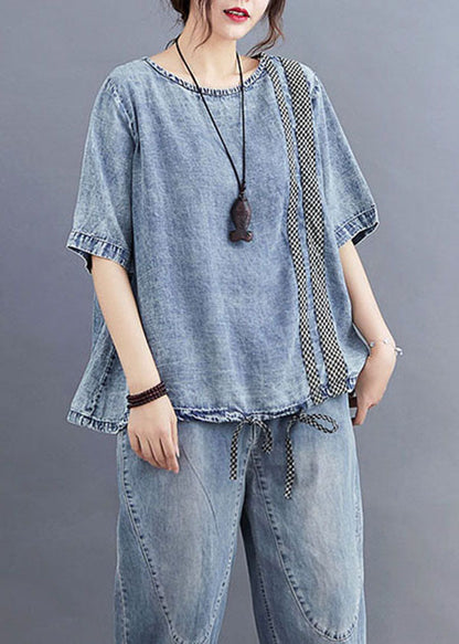 Blue O Neck Plaid Patchwork Denim T Shirt Top Summer