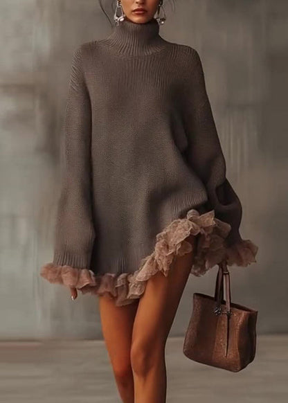 New Hign Neck Ruffled Patchwork Knit Sweaters Dress Spring