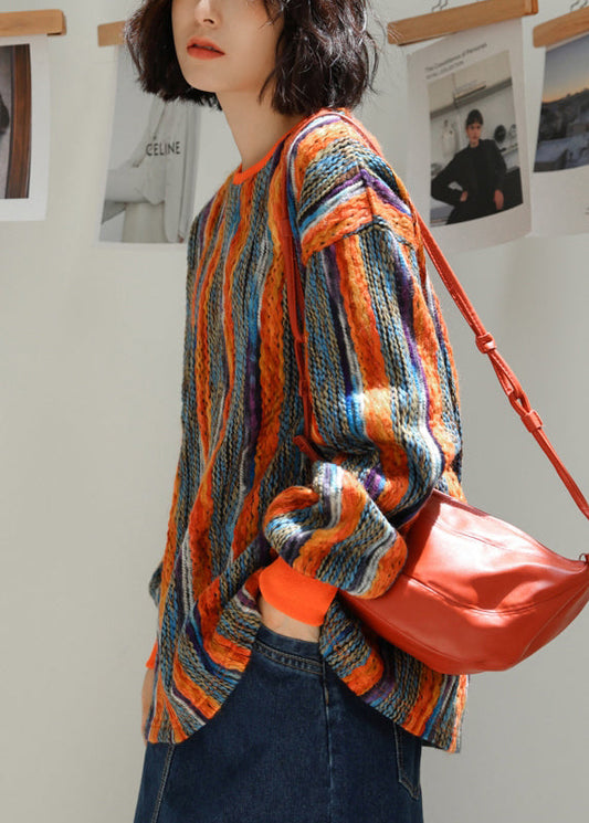 Striped O Neck Patchwork Knitted Cotton Thread Tops Long Sleeve