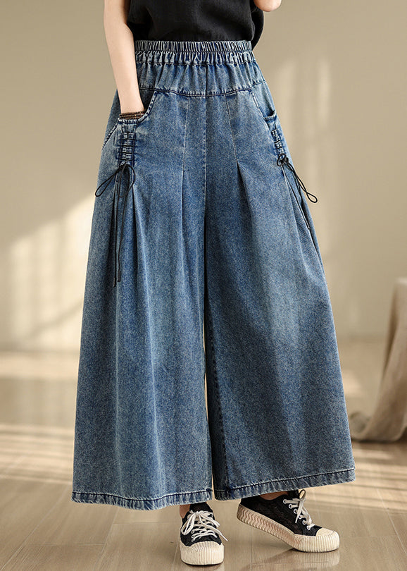 Denim Blue Cross Strap Wide Leg Pants Wrinkled Fall
