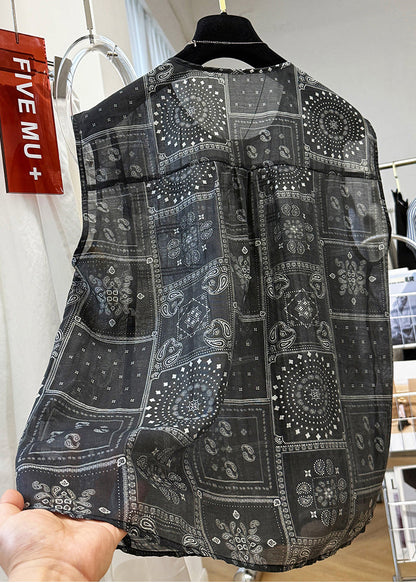 Black O Neck Print Button Cotton Tops Sleeveless
