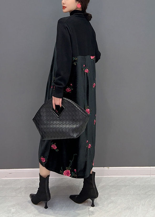 Black High Neck Embroideried Knit Patchwork Silk Velour Dress Spring