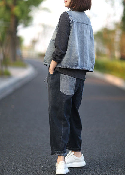 Blue Stand Collar Button Pockets Fall Denim Sleeveless Waistcoat