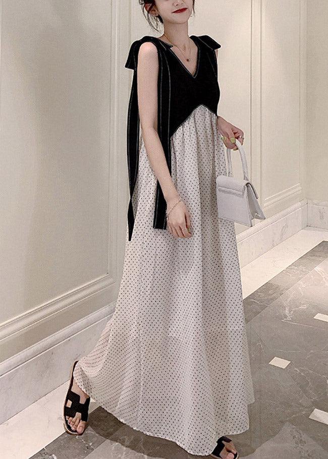 Diy Black White V Neck Patchwork Dot Maxi Dresses Summer