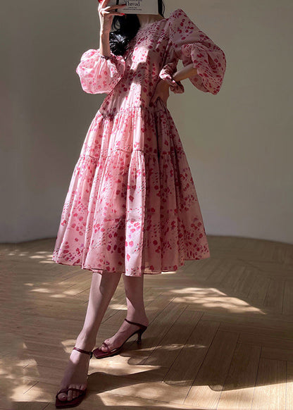 Pink O-neck Print Silk Long Dresses Spring