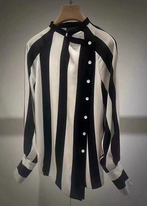 Striped Asymmetrical Button Patchwork Cotton Blouses Fall