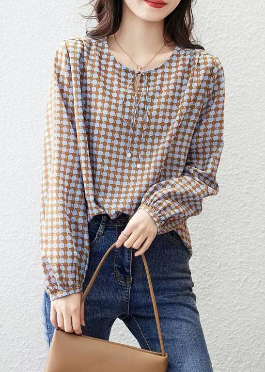 Coffee Print Lace Up Cotton Blouses Long Sleeve