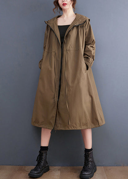 Coffee Zip Up Drawstring Wrinkled Cotton Hoodie Coat Spring