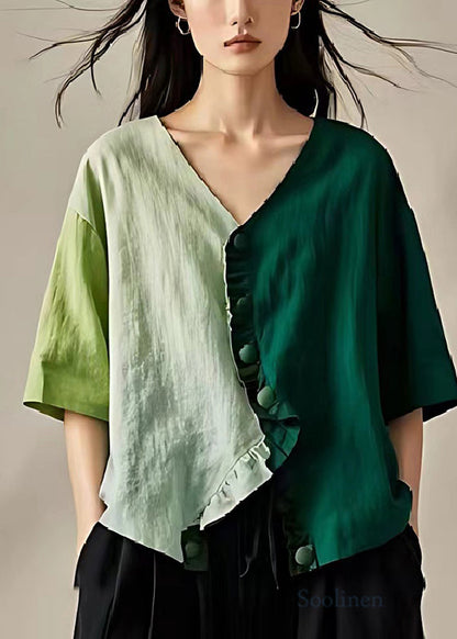 Colorblock Ruffled Asymmetrical Design Linen Top Summer