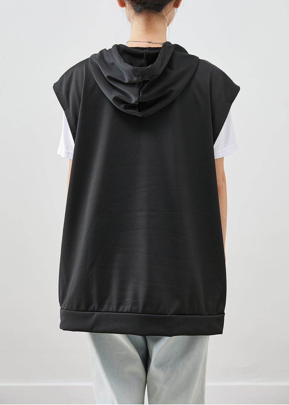 Black Hooded Drawstring Cotton Vest Fall