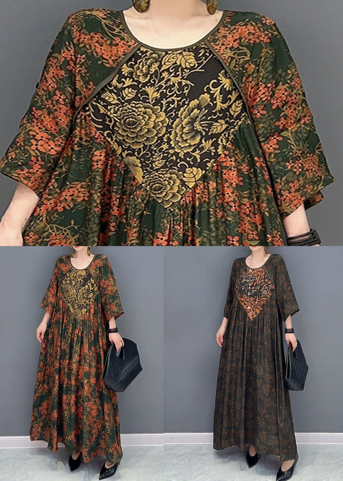 Green O Neck Print Patchwork Cotton Maxi Dresses Spring