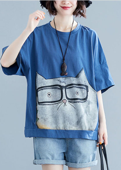 French Light Blue O-neck Side Open Character Print Tank Tops Short Sleeve