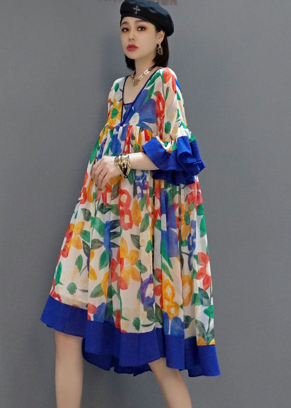 Diy Blue Wrinkled V Neck Print Chiffon Dresses Summer