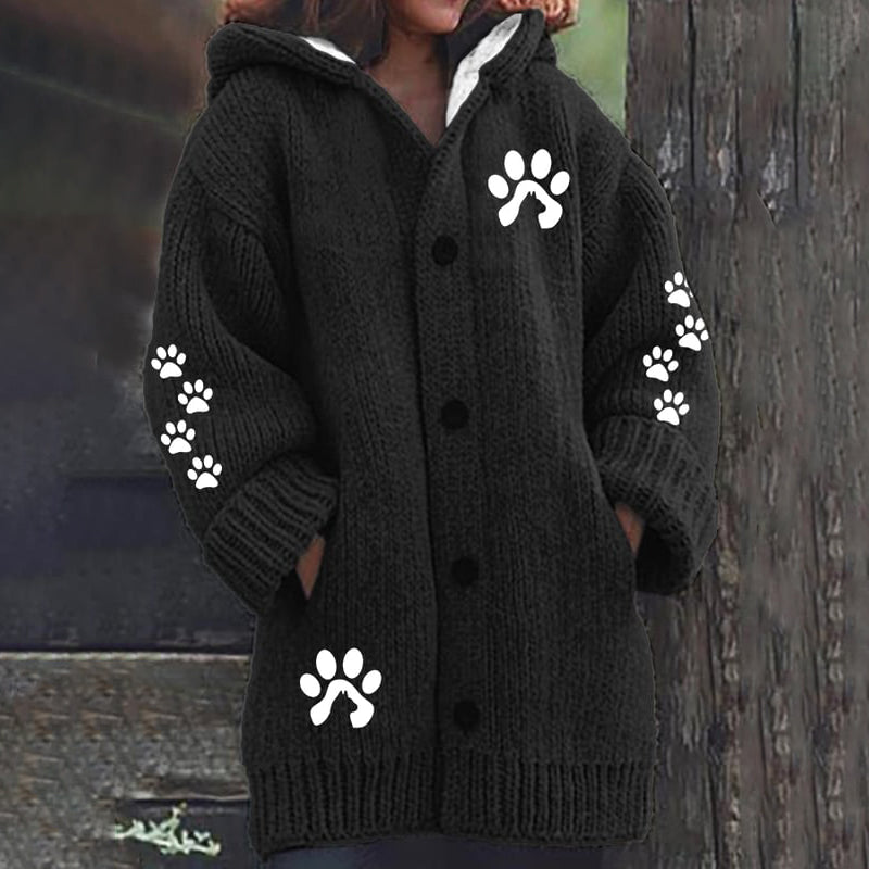 Cute Paw Print Long Sleeved Knitted Hooded Cardigan elevenforest