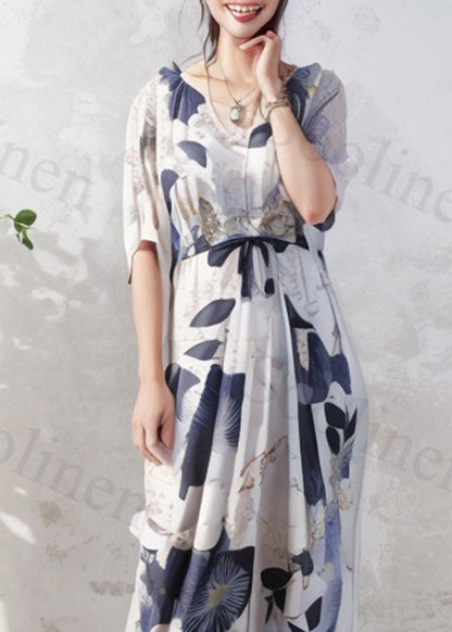 Loose O-neck Print Wrinkled Silk Long Dress Summer