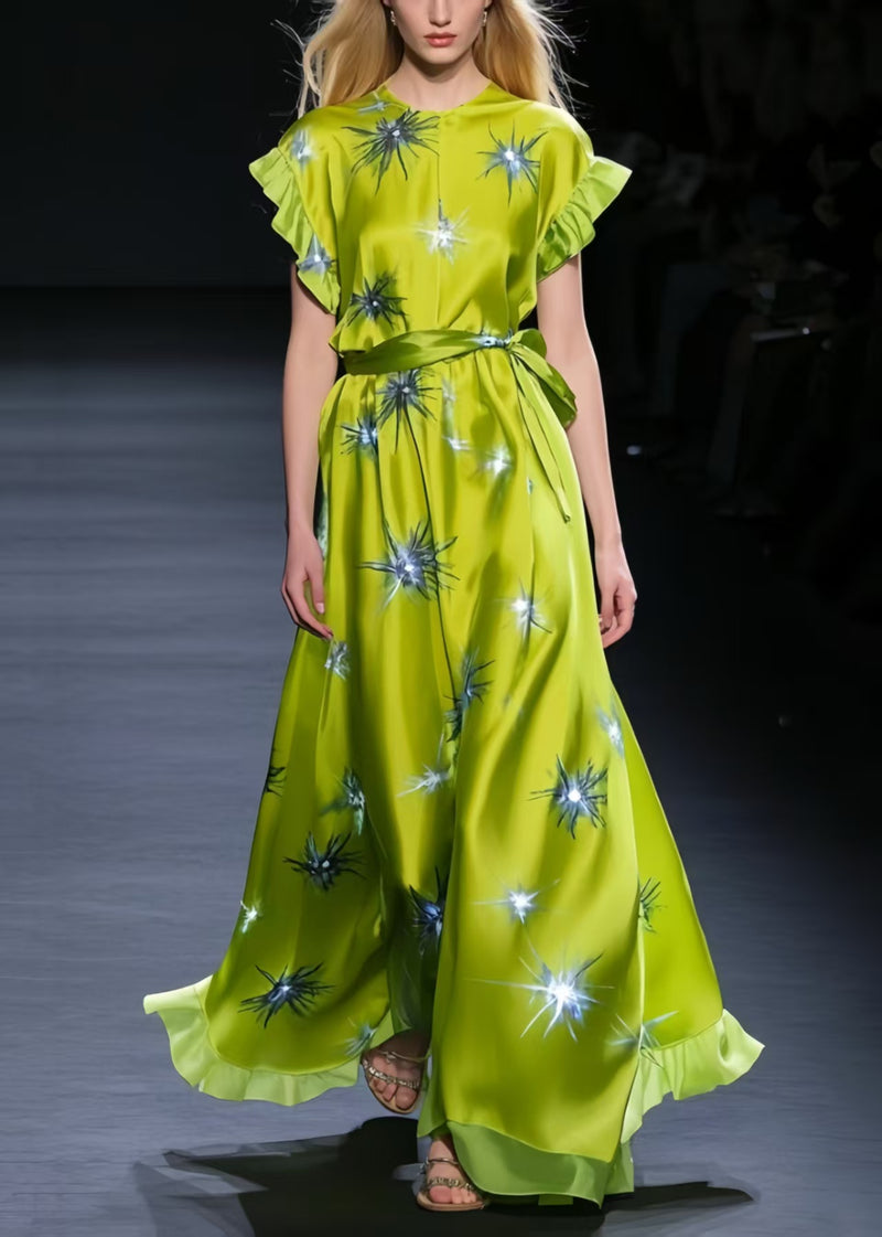 Grass Green Twinkling Star Print Silk Tunic Dress Summer