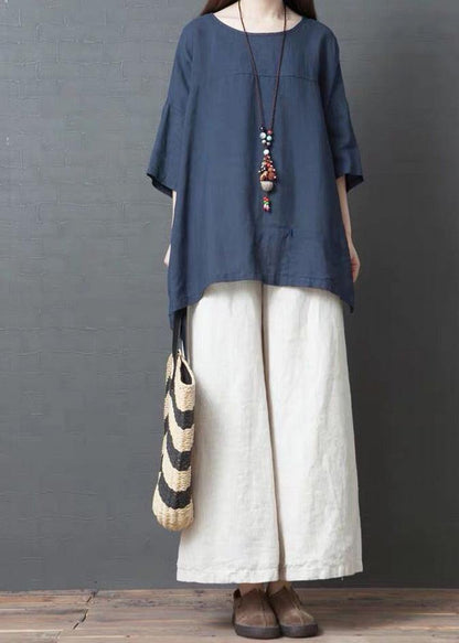 Handmade Blue Linen Cotton Low High Design Shirt Top