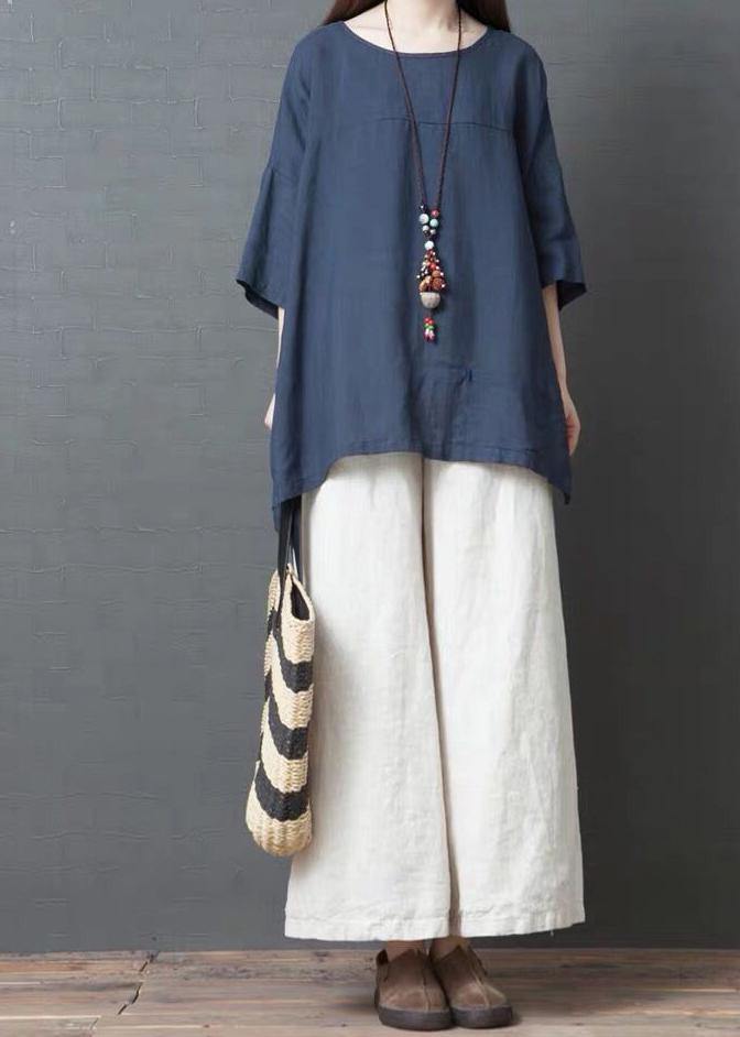 Handmade Blue Linen Cotton Low High Design Shirt Top