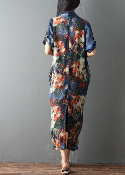 Blue Pockets Print Asymmetrical Design Fall Dress Half Sleeve