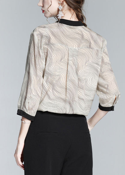 Apricot O-neck Print Button Silk Shirt Long Sleeve