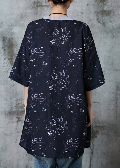 Black Print Lace Up Linen Blouses Summer