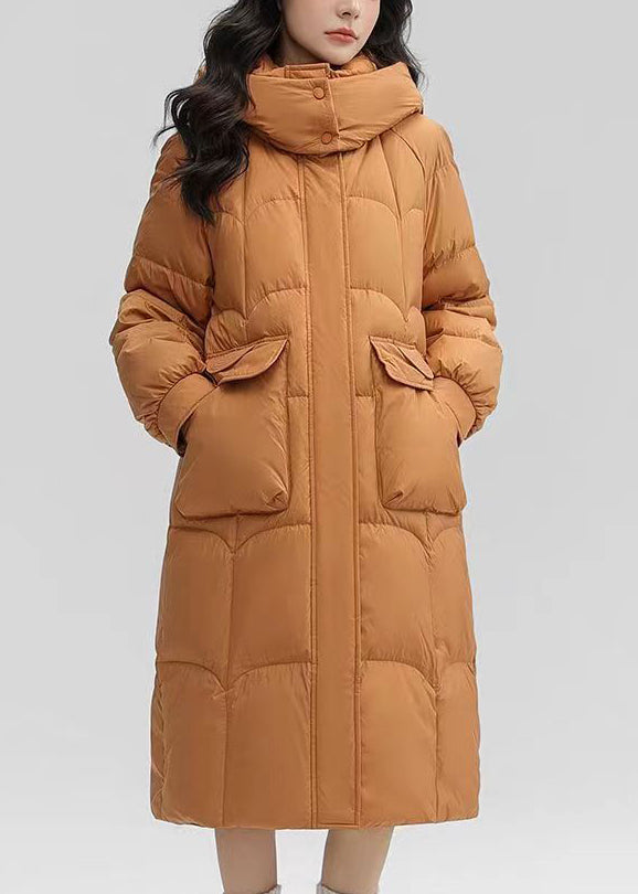 Orange Hooded Pockets Patchwork Duck Down Long Coat Winter