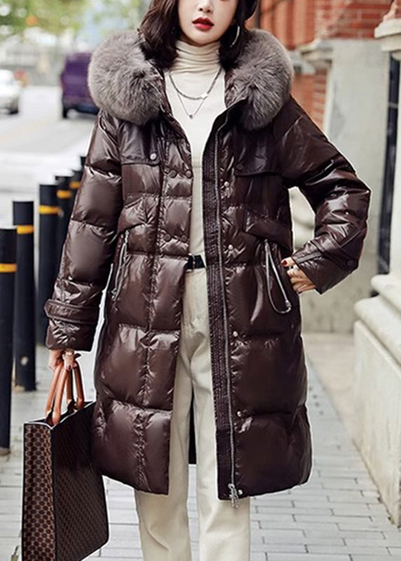 Coffee Fox Collar Drawstring Zippered Duck Down Puffer Jacket Winter