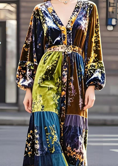 Modern Brown V Neck Print Silk Velour Dresses Spring