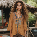 Retro Floral Tribal Embroidery Art Cotton And Linen Blend Loose Blouse artswardrobe