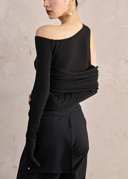 Slim Fit Black Asymmetrical Cotton T Shirt Fall