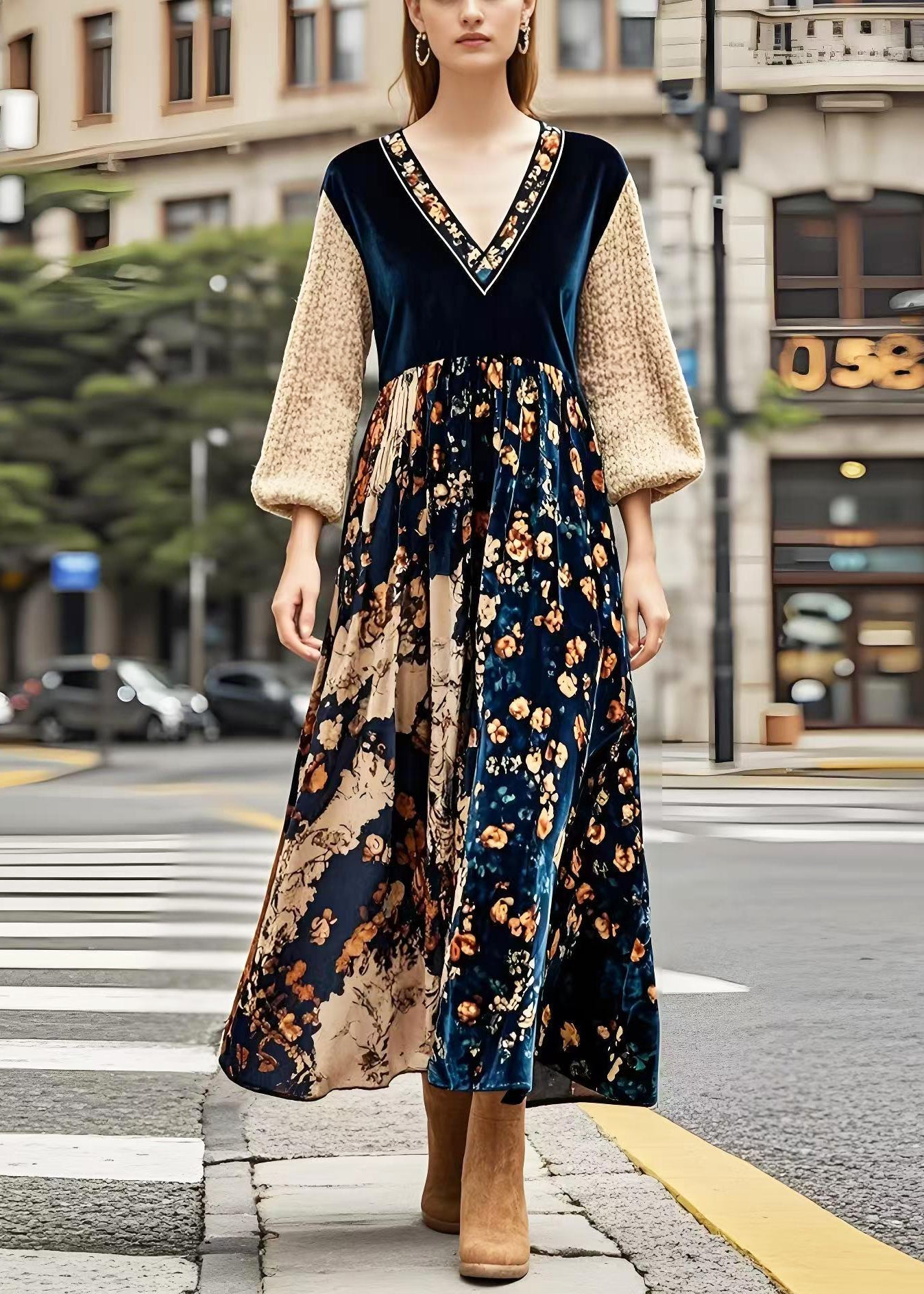 V Neck Patchwork Print Silk Velour Maxi Dresses Spring