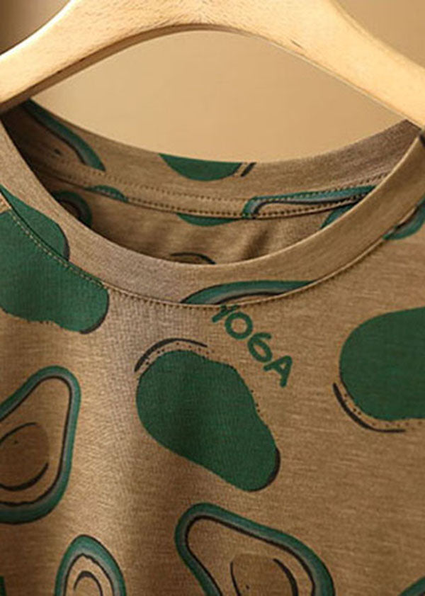Original Design Dark Khaki O-neck Print Cotton Tank Top Short Sleeve