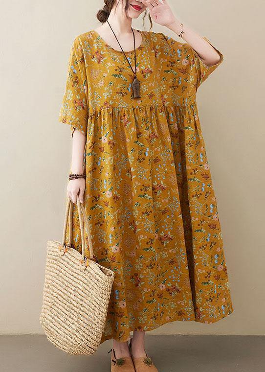Natural Yellow O-neck Pockets Print Summer Sundress