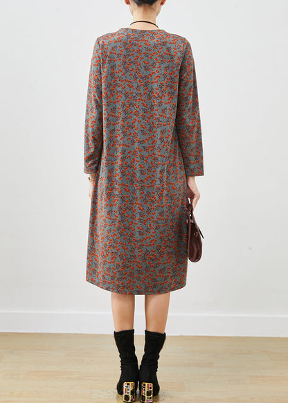 Grey Print Cotton Long Dress Spring