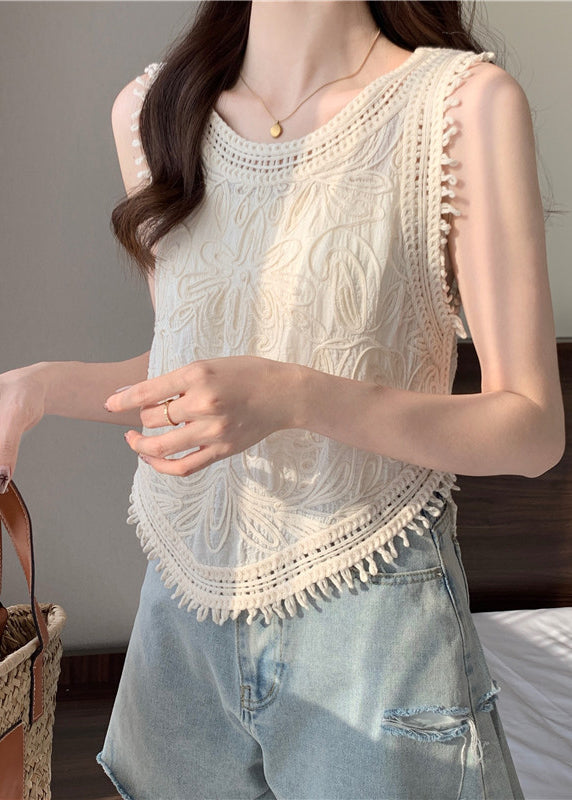 Apricot O-neck Tassel Lace Vest Sleeveless