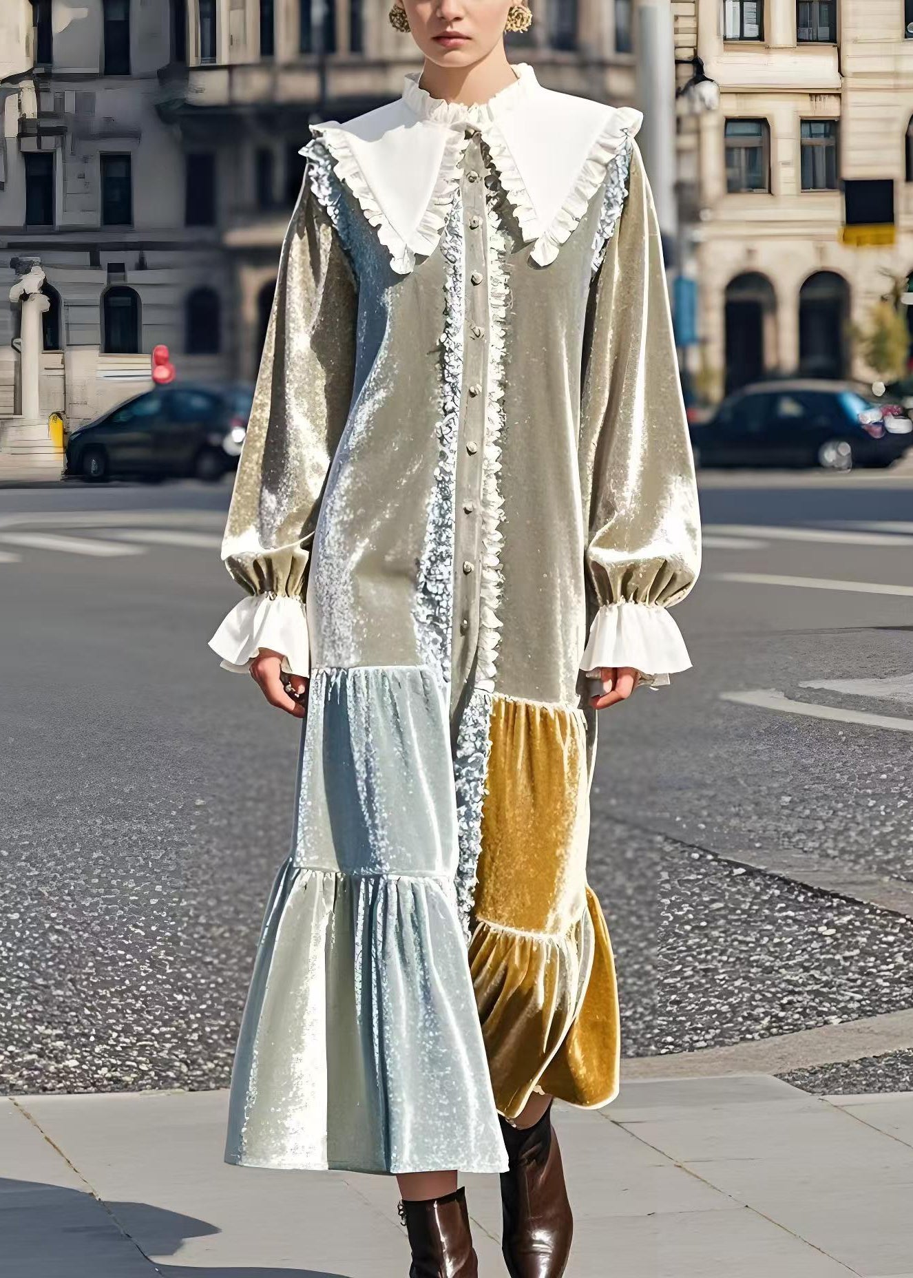 French Peter Pan Collar Patchwork Silk Velour Robe Dresses Spring