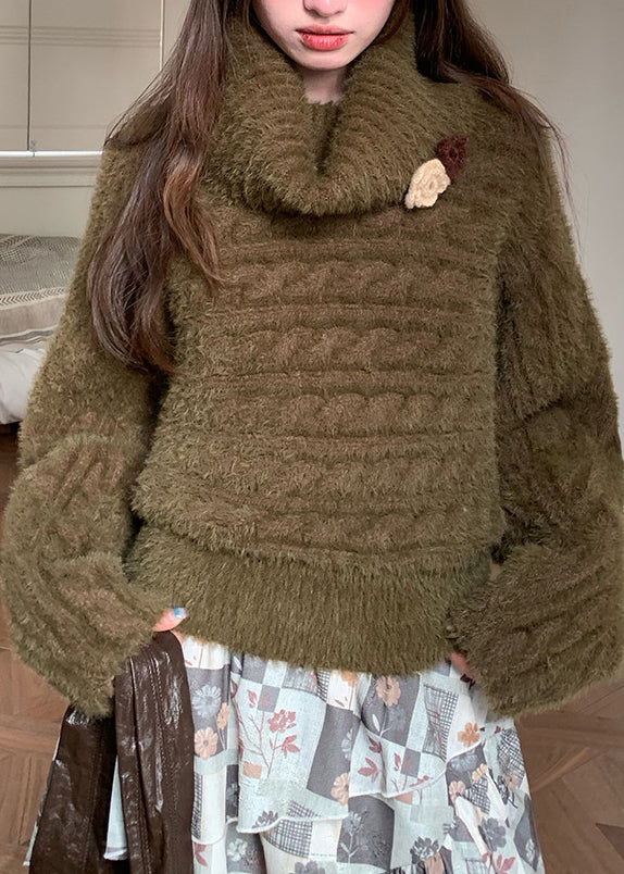 Loose Green Turtleneck Cozy Cotton Knit Sweaters Fall