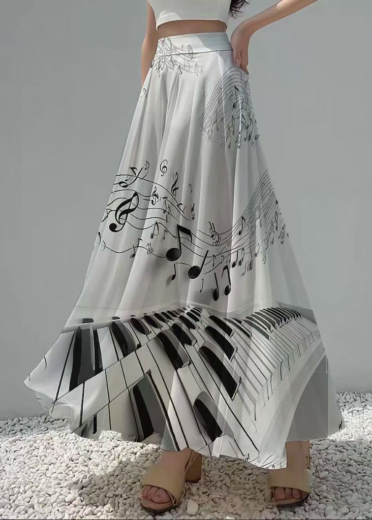 Modern White Print Draping Chiffon Skirts Exra Large Hem Fall