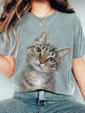 Comstylish Cute Cat Art Painting Print Vintage T-Shirt