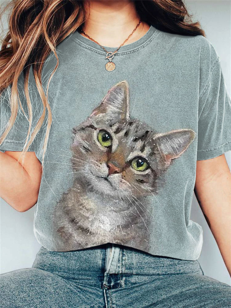 Comstylish Cute Cat Art Painting Print Vintage T-Shirt